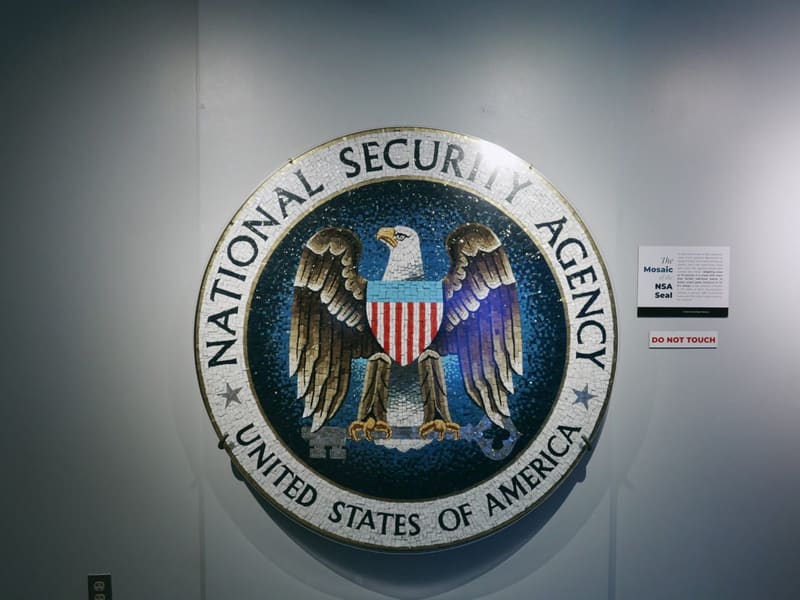 Mosaic of the National Security Agency seal in glass tile
