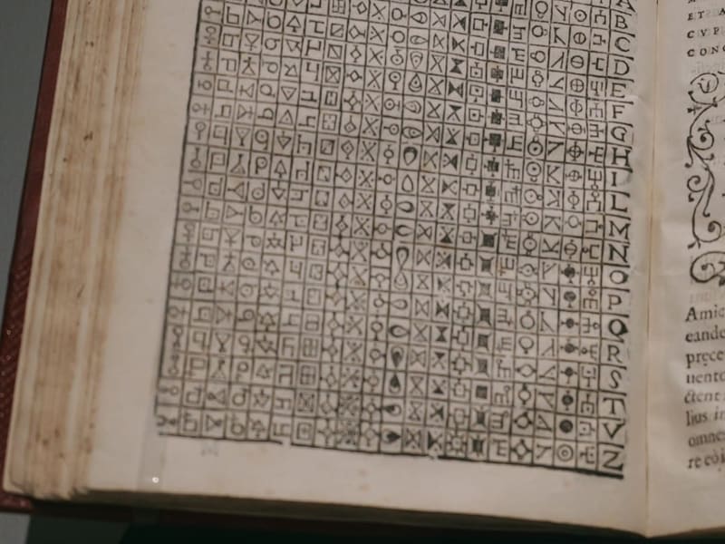 Open antique book showing a printed cipher substitution table