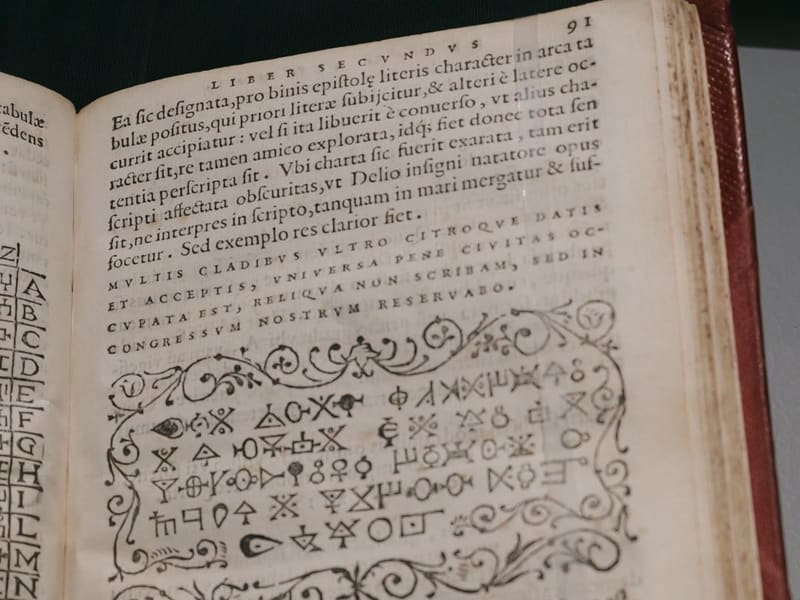Antique book page with ornate encoded cipher symbols
