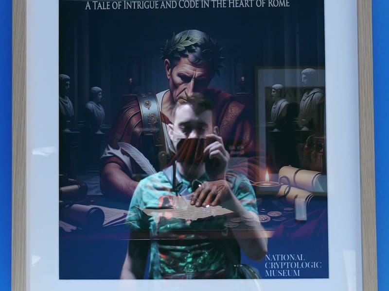Framed Caesar Cipher exhibit poster at the National Cryptologic Museum