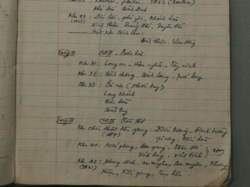 Handwritten Vietnamese field notebook organized into zones