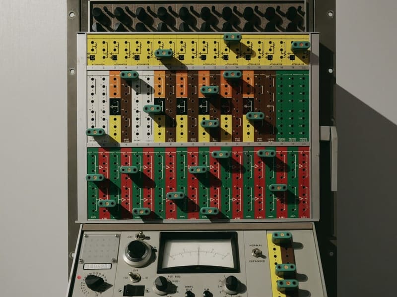 Vintage analog computer with colorful patch panels and cables