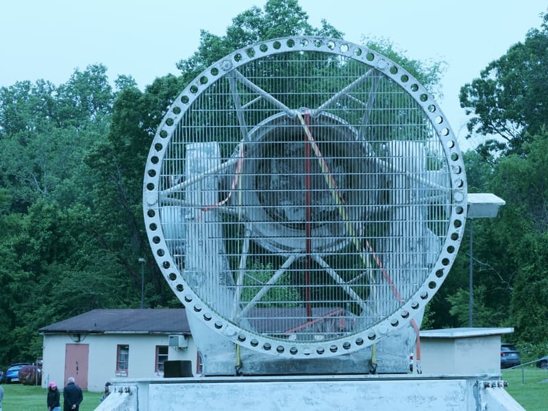 Front view of the caged HIPAR tracking radar dish