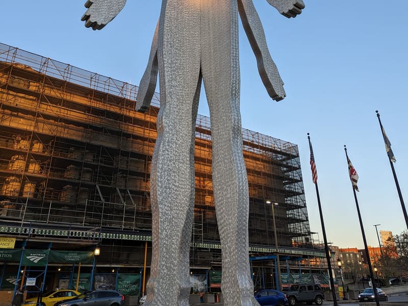The Male/Female aluminum sculpture outside Baltimore Penn Station