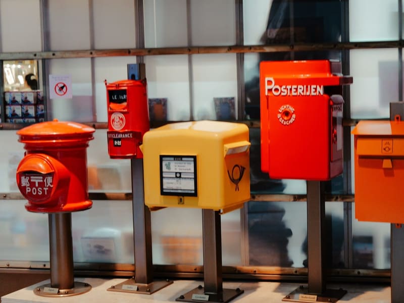 A row of historic mailboxes from around the world on display