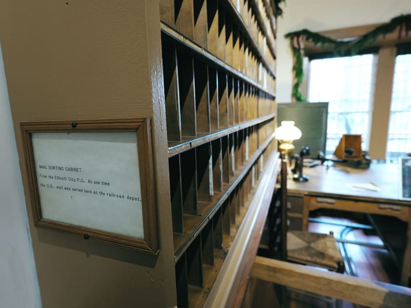 Antique mail-sorting cabinet from the Ellicott City post office at the depot