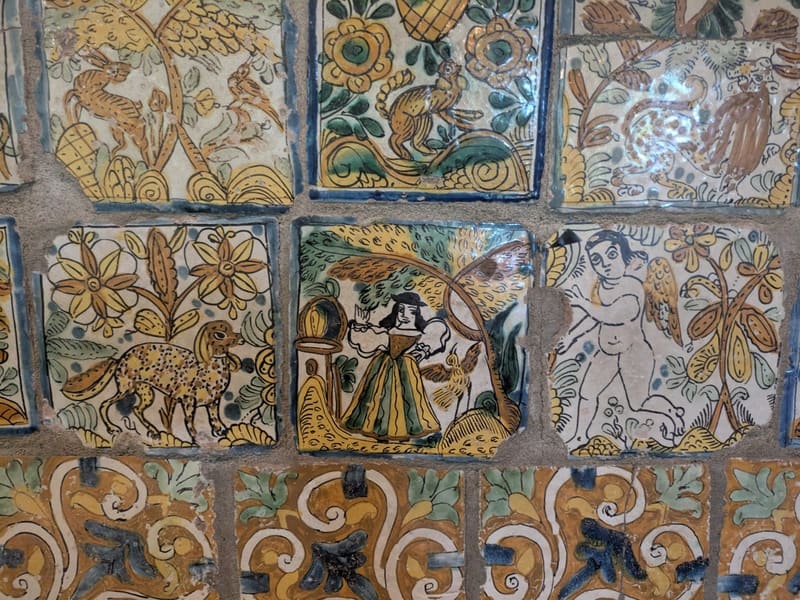A wall of hand-painted antique ceramic tiles at the Gardner Museum