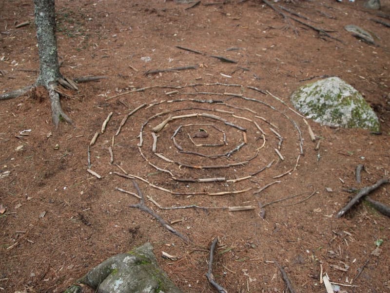 A spiral laid out from sticks on the forest floor