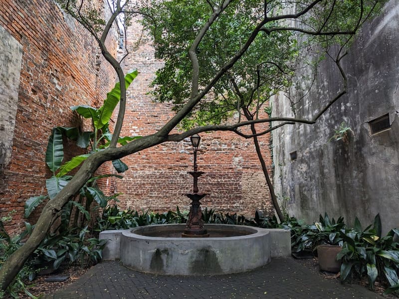 A quiet brick courtyard with a tiered fountain and a banana tree in the French Quarter