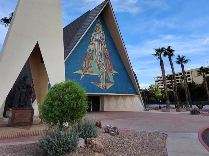 The mid-century modern Guardian Angel Cathedral with its mosaic facade just off the Las Vegas Strip