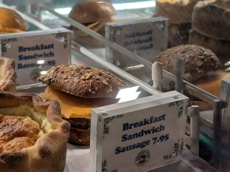 A bakery case of breakfast sandwiches at a Las Vegas cafe