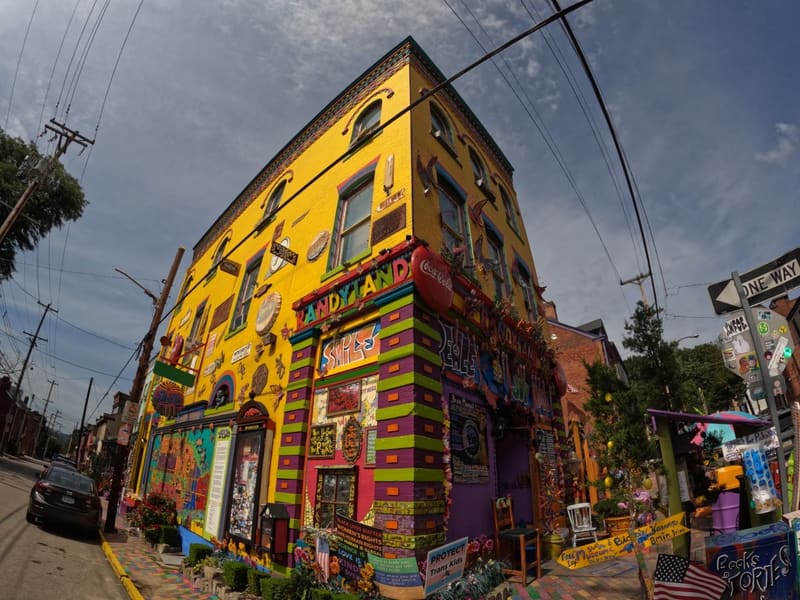 Randyland's riotously painted yellow corner building on Pittsburgh's North Side