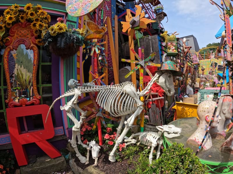 Skeleton horse sculptures in the Randyland courtyard