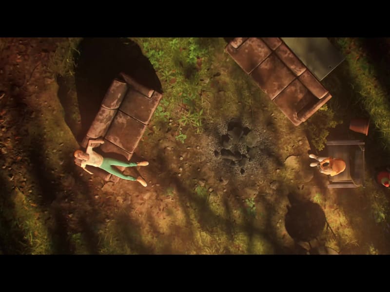Mixtape gameplay: a top-down night scene of friends gathered around a fire pit and couches in a wooded clearing.