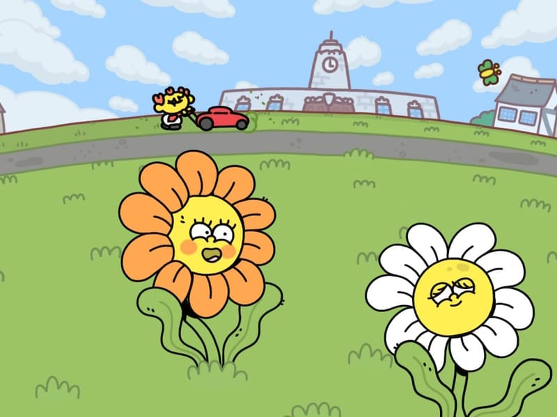 A grassy field with two googly-eyed cartoon flowers; the tiny yellow protagonist shoves a red car along the road past a clock tower.