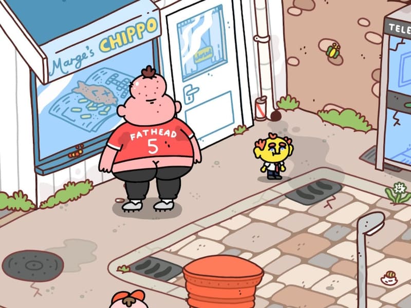 Outside Marge's Chippo, a hulking pink man in a red 'FATHEAD 5' shirt looms over the small yellow character beside a telephone box.