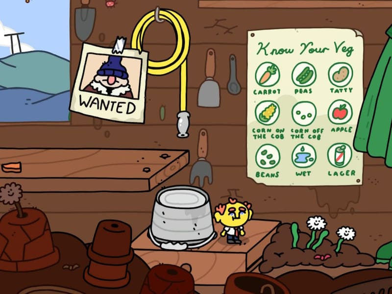 Inside an allotment shed with a 'WANTED' poster and a comical 'Know Your Veg' chart; the yellow character stands in a tin washtub.