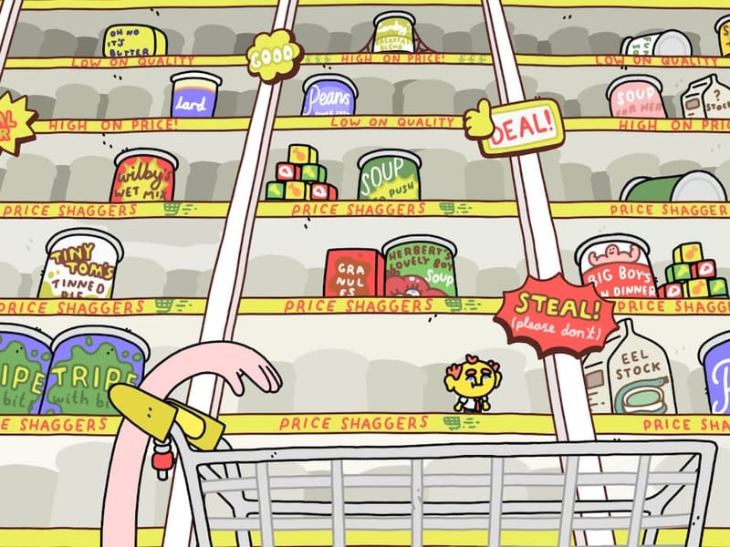 A supermarket aisle at 'Price Shaggers' lined with pun-named tins (Peans, Tripe, Soup) and garish sale tags, a trolley pushed down the middle.