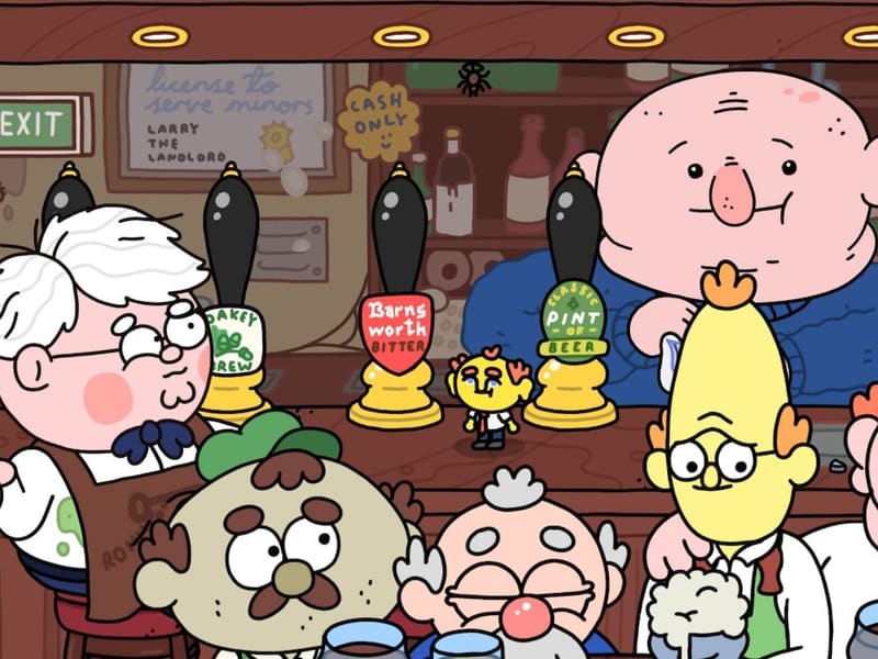 A crowded Barnsworth pub: the landlord and a cluster of ruddy-faced locals at the bar, beer taps labelled 'Barnsworth Bitter', the little yellow hero standing on the counter.