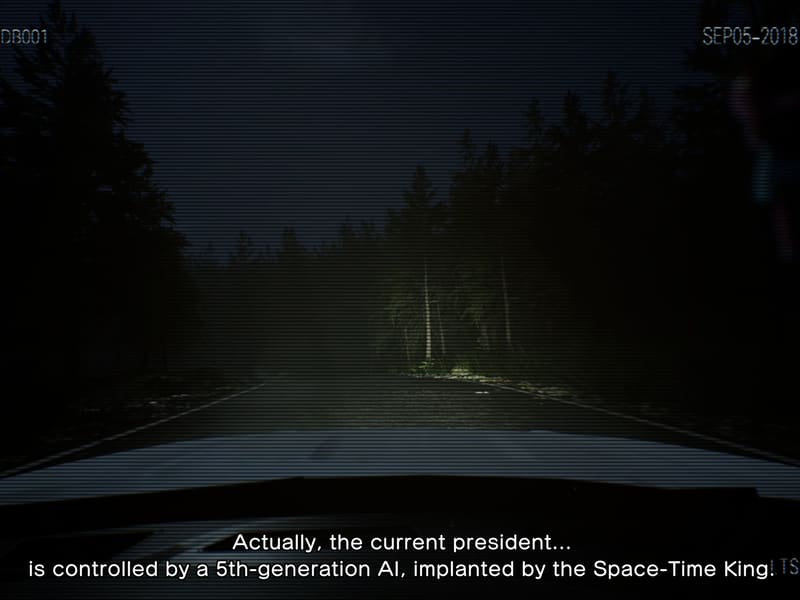 VHS-filtered dashcam view down a dark forest road at night; subtitle claims the president is controlled by a 5th-generation AI implanted by the Space-Time King.