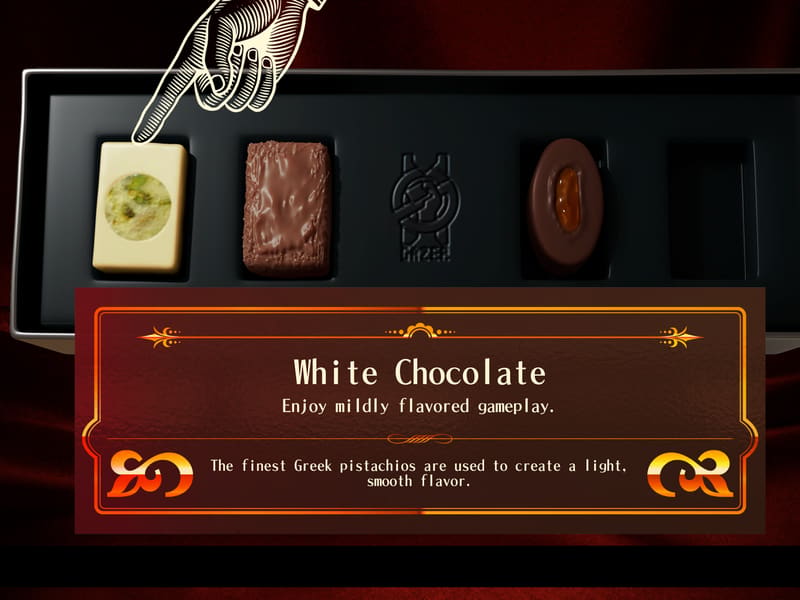 Difficulty selector styled as a box of chocolates — a hand hovers over 'White Chocolate: Enjoy mildly flavored gameplay.'