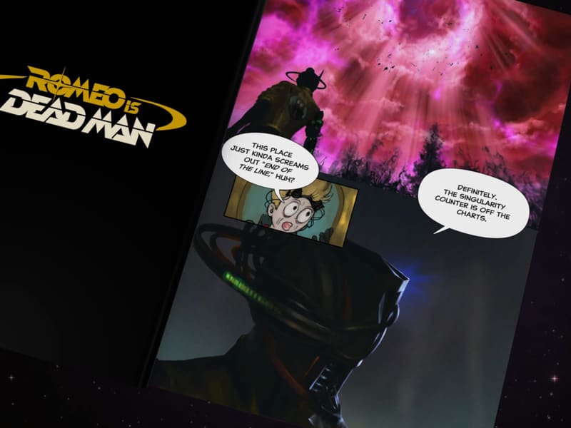 Comic-book cutscene panel under a pink singularity sky: the trench-coated detective on a ridge, the 'Romeo Is a Dead Man' logo at left.