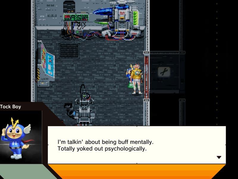 Top-down pixel-art base interior; the winged mascot TickTock Boy quips, 'I'm talkin' about being buff mentally. Totally yoked out psychologically.'