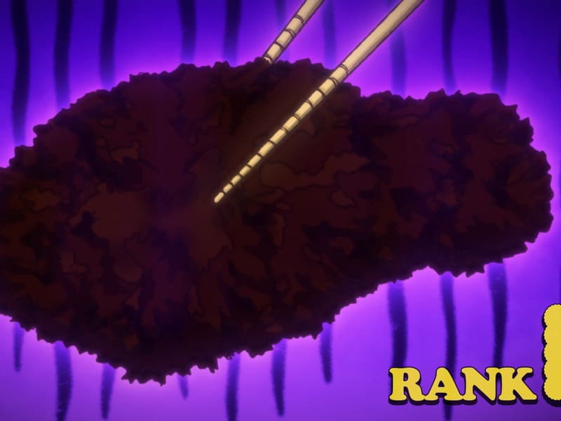 Anime-style close-up of a fried cutlet lifted with chopsticks on a purple background, stamped with a gold 'RANK D'.