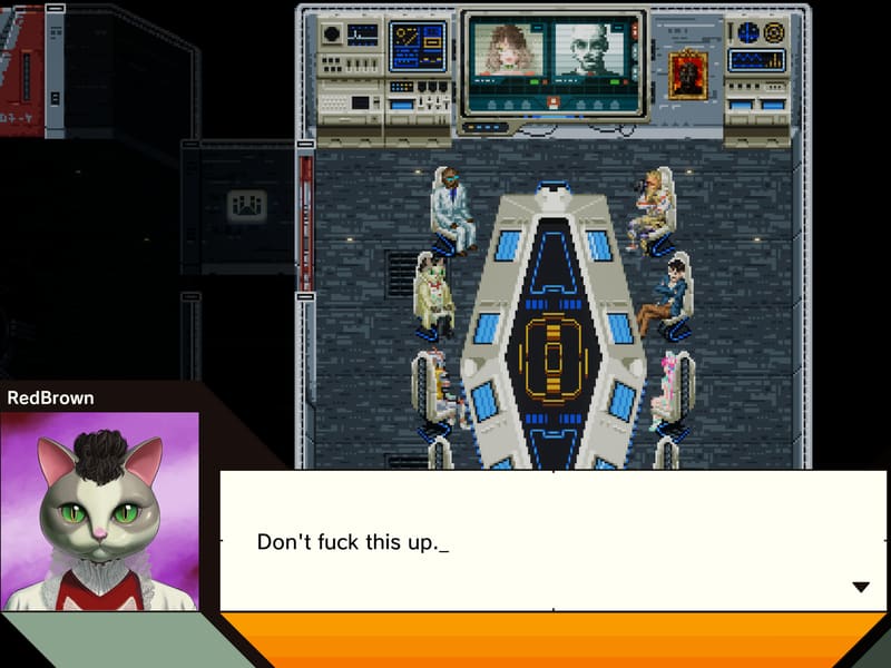 Top-down pixel-art briefing room, agents seated around a long table; the cat-person RedBrown warns, 'Don't fuck this up.'