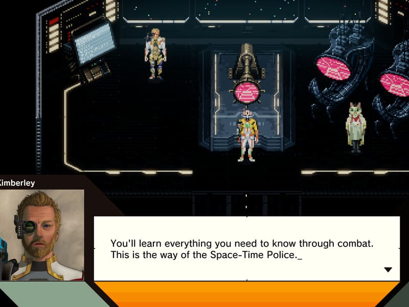 Pixel-art training chamber with glowing pods; the eyepatched agent Kimberley: 'You'll learn everything you need to know through combat. This is the way of the Space-Time Police.'