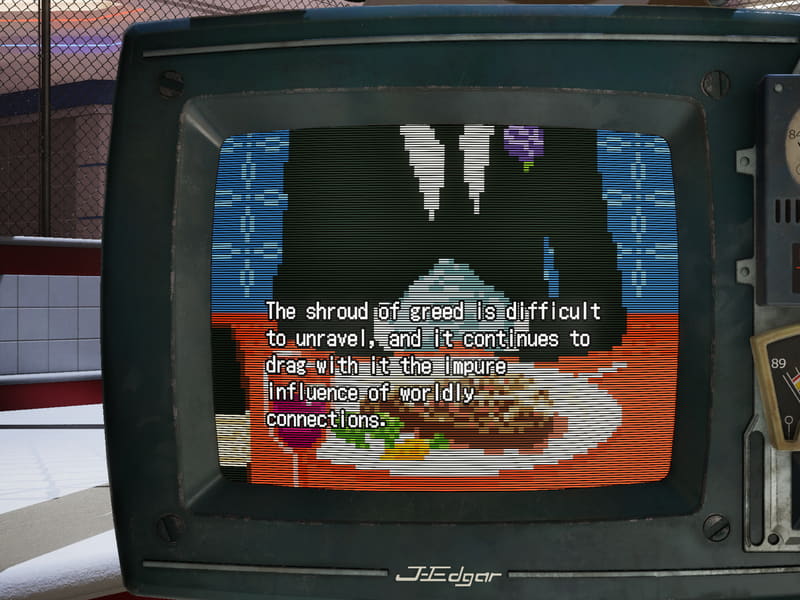 A retro 'J. Edgar' CRT TV displaying pixel-art food and a cryptic fortune about 'the shroud of greed' and worldly connections.