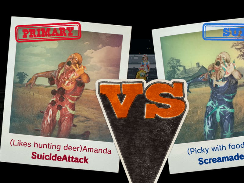 A 'Primary vs Sub' target-select screen — two Polaroids of grotesque enemies: 'Amanda / SuicideAttack' versus 'Emily / Screamadelica.'