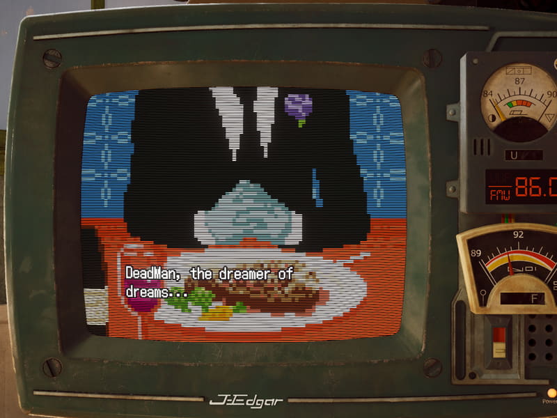 The 'J. Edgar' CRT fortune TV again, pixel food on a plate, subtitle 'DeadMan, the dreamer of dreams…'