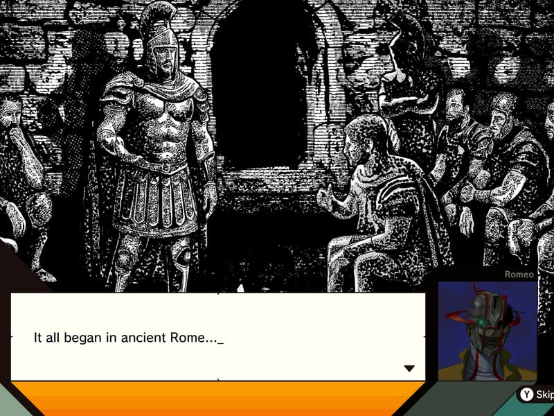 Engraved black-and-white comic panel of a Roman centurion addressing a crowd; portrait labelled TheBlack: 'It all began in ancient Rome…'