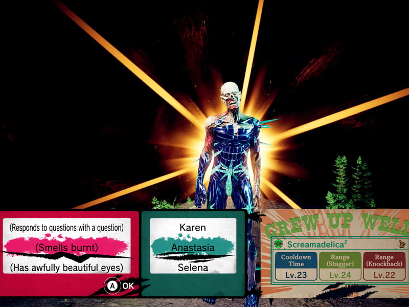 A glowing enemy lit up mid-finisher beside a target dossier — quirks like 'Responds to questions with a question,' candidate names, and a 'Screamadelica' stat card.