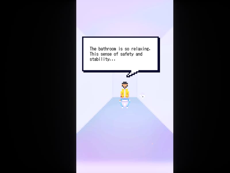 Vertical phone-style pixel scene: the protagonist sits on a toilet in a glowing bathroom musing, 'The bathroom is so relaxing. This sense of safety and stability…'