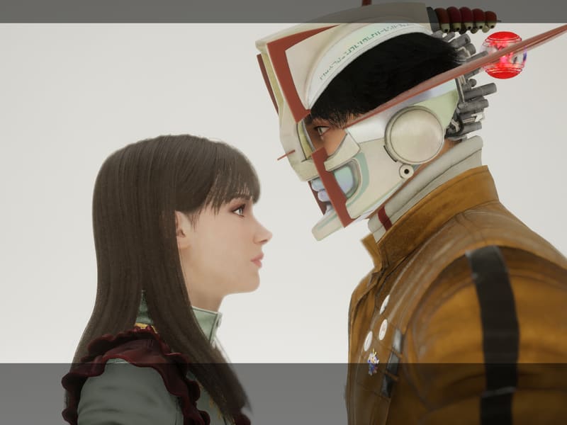 Cinematic close-up: a long-haired woman face to face with Romeo, whose red-and-white space helmet visor is up.
