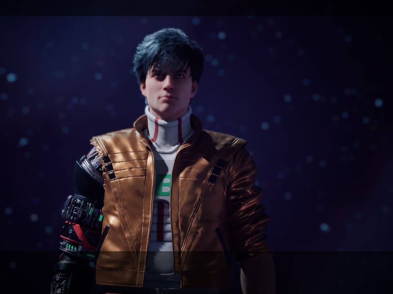 Character beauty shot: Romeo in a tan leather jacket with a cybernetic right arm, against a starfield.