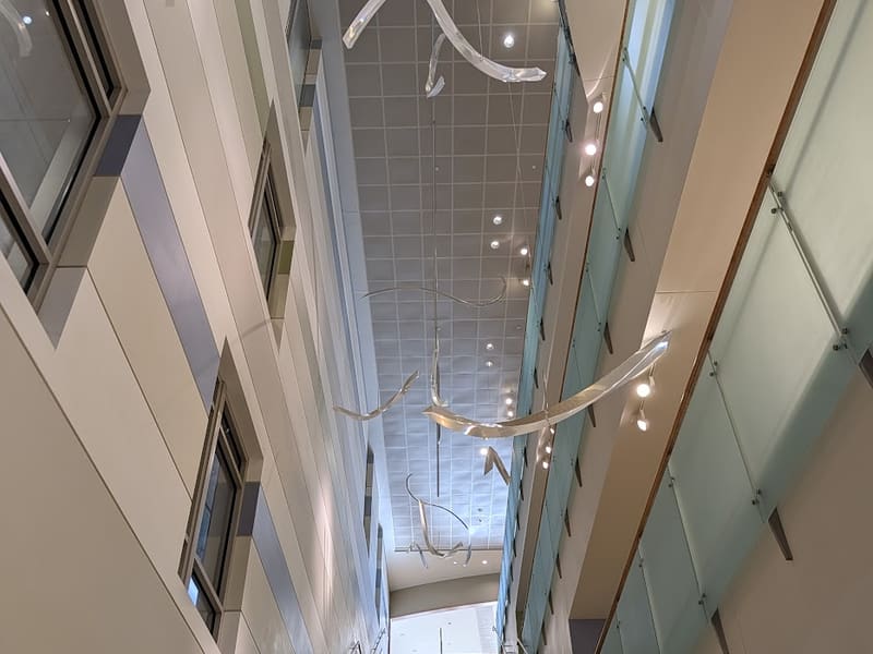 An atrium stairwell with a white branch-like sculpture suspended from the ceiling.