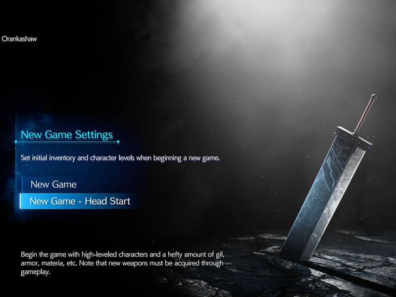 The game's New Game Settings screen with "New Game - Head Start" selected, the Buster Sword planted in stone under a shaft of light.