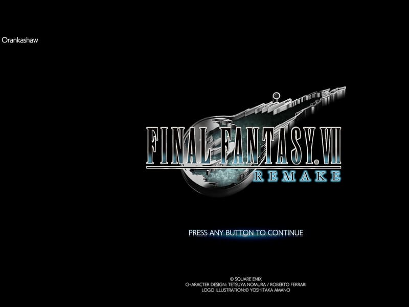 The Final Fantasy VII Remake title screen: the silver logo with Yoshitaka Amano's meteor illustration on black, reading "press any button to continue".