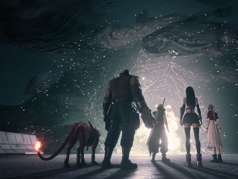 Barret, Red XIII, Cloud, Tifa and Aerith seen from behind in silhouette, walking toward a churning wall of blue-white light.