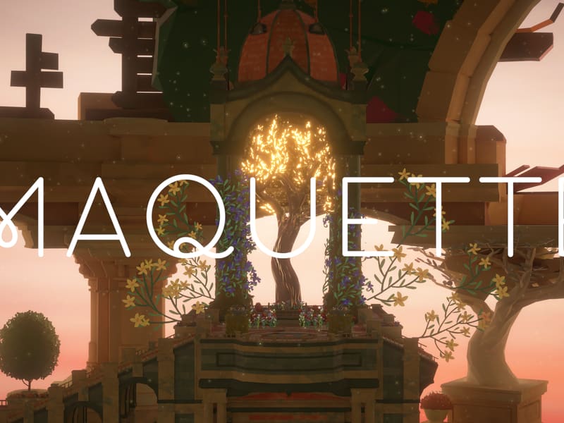 The word MAQUETTE set across a sunset-lit stone archway, a golden tree glowing at its centre and flowering vines climbing the columns.