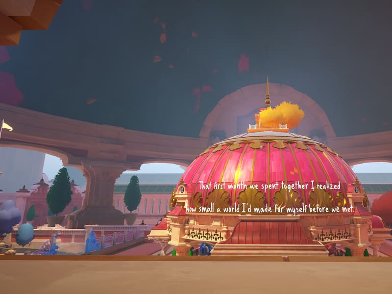 A pink and gold domed pavilion under a dim sky, ringed by pastel buildings and trees, with a line of handwritten narration across it.