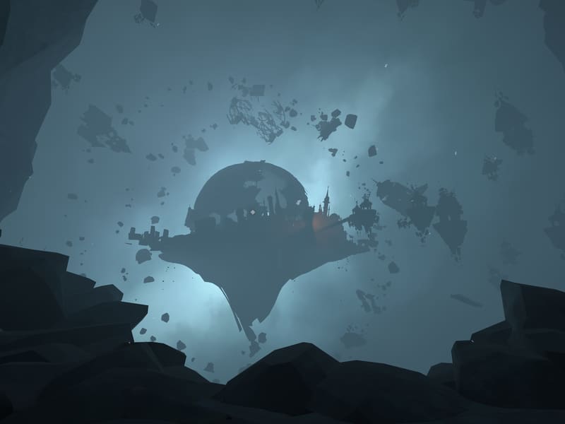A city built on a broken sphere floating in pale blue fog, its fragments drifting outward, seen in silhouette from a dark rocky ledge.