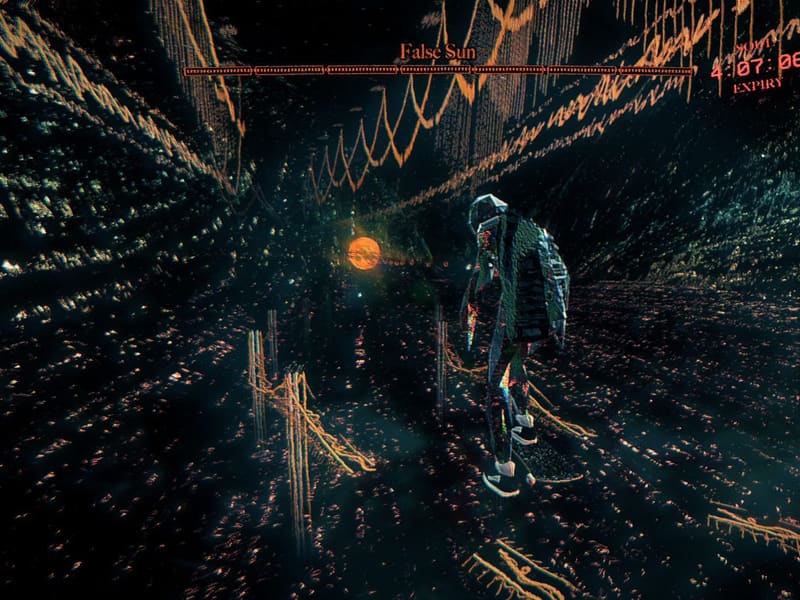 The glass demon Skater rides through a dark, glittering underworld toward a small orange False Sun; a red level timer counts down at the top of the screen.