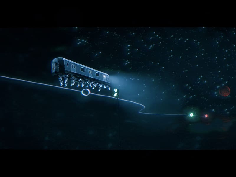 A small subway car with rows of little legs scuttles along a glowing wire through starry darkness, headlight beam ahead, a red moon in the distance.