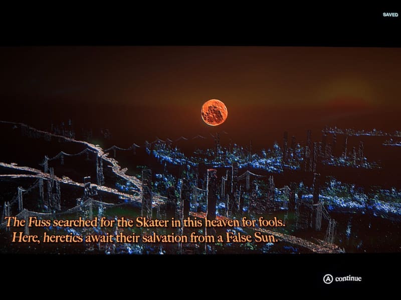 Cutscene vista of a dark underworld city strung with suspension bridges beneath an orange False Sun, captioned: The Fuss searched for the Skater in this heaven for fools.